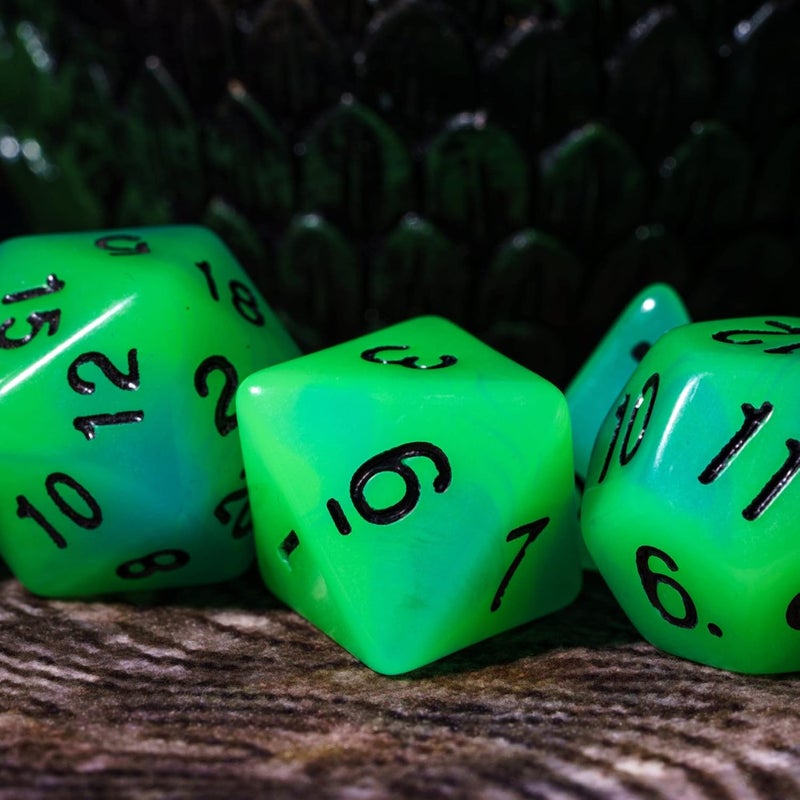 Poludie Glow in The Dark DND Dice, 7Pcs Luminous Polyhedral Die Set with Leather Die Bag, Glowing D&D Dice for RPG Table Games(Green Blue) - Image 5